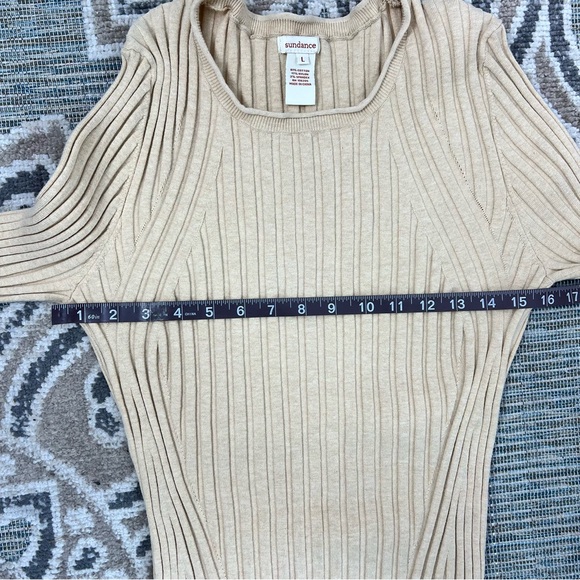 Sundance Ribbed Stretchy Tan Color Scoop Neck Cotton Blend Sweater Size Large - Picture 7 of 8